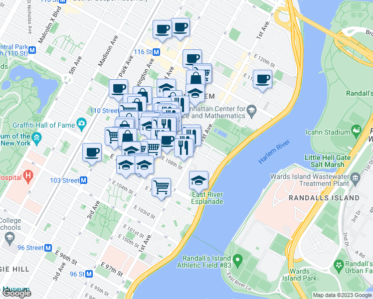 map of restaurants, bars, coffee shops, grocery stores, and more near 326 East 110th Street in New York