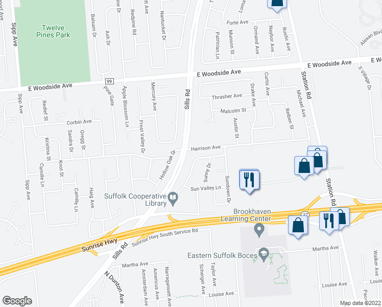 map of restaurants, bars, coffee shops, grocery stores, and more near 56 Harrison Avenue in Bellport