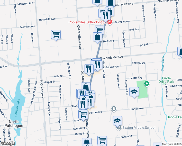 map of restaurants, bars, coffee shops, grocery stores, and more near 718 New York 112 in East Patchogue