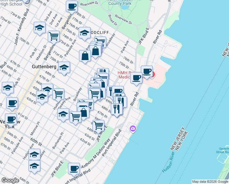 map of restaurants, bars, coffee shops, grocery stores, and more near in Guttenberg