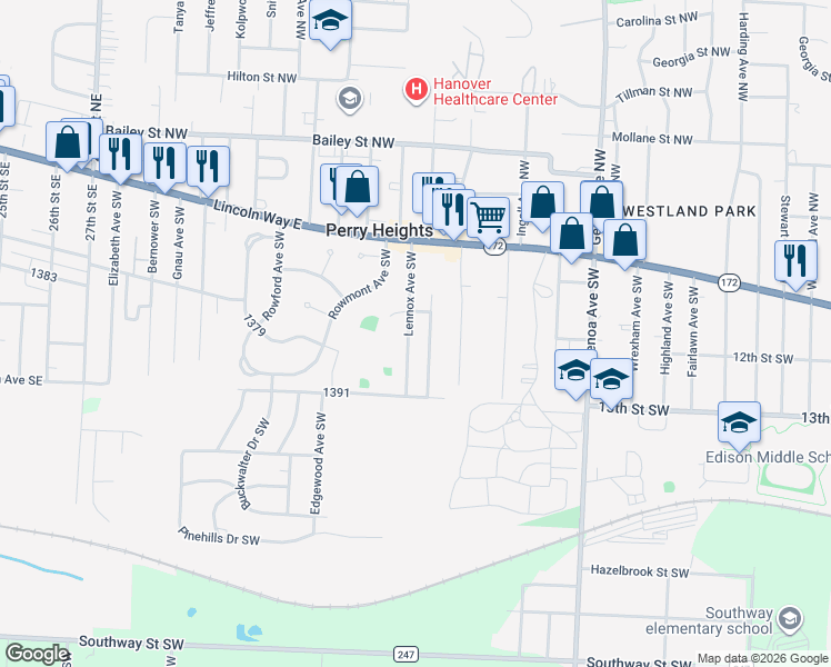 map of restaurants, bars, coffee shops, grocery stores, and more near 300 Lennox Avenue Southwest in Massillon