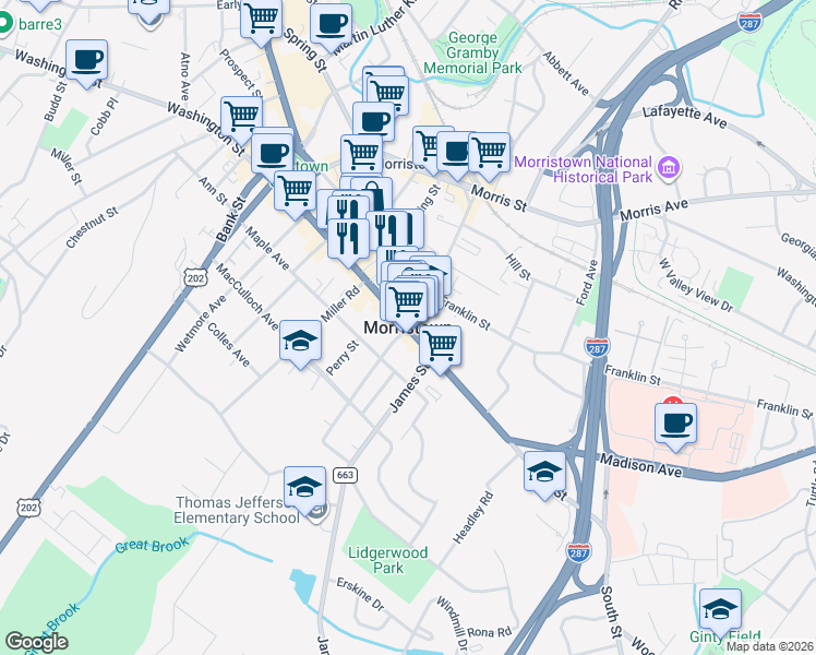 map of restaurants, bars, coffee shops, grocery stores, and more near in Morristown