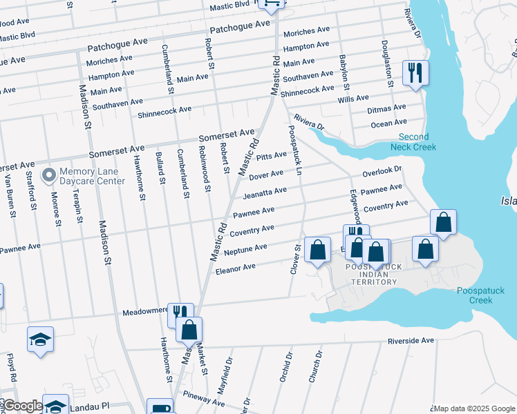 map of restaurants, bars, coffee shops, grocery stores, and more near 169 Pawnee Avenue in Mastic
