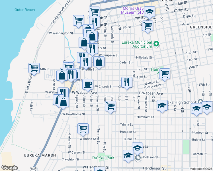 map of restaurants, bars, coffee shops, grocery stores, and more near 1616 Pine Street in Eureka