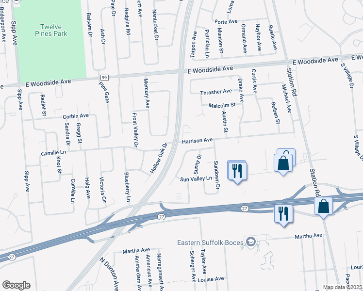 map of restaurants, bars, coffee shops, grocery stores, and more near 56 Harrison Avenue in Bellport