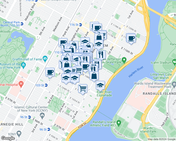 map of restaurants, bars, coffee shops, grocery stores, and more near 326 East 110th Street in New York