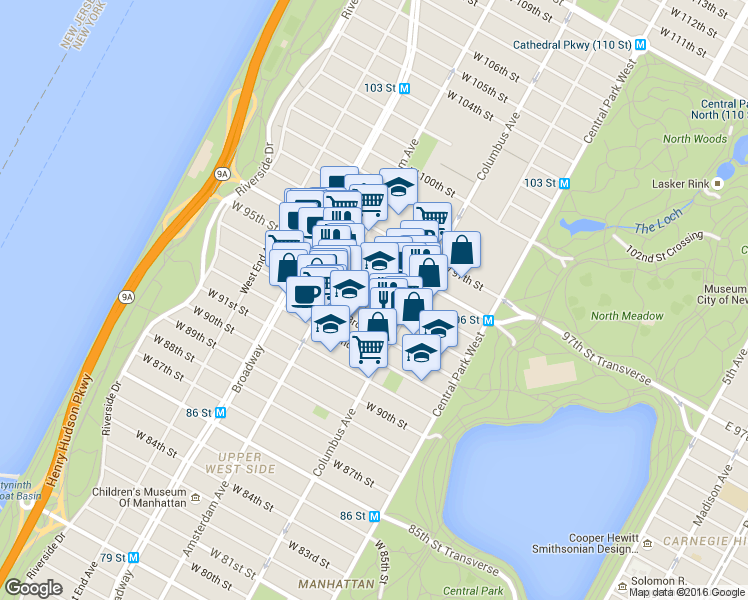 map of restaurants, bars, coffee shops, grocery stores, and more near 134 West 95th Street in New York