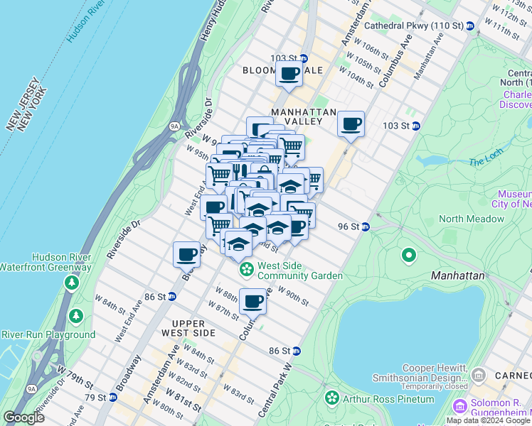 map of restaurants, bars, coffee shops, grocery stores, and more near in New York