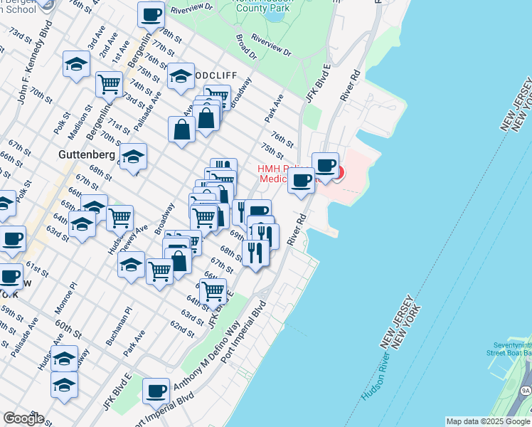 map of restaurants, bars, coffee shops, grocery stores, and more near in Guttenberg