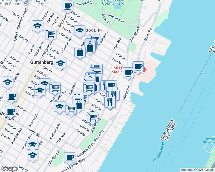 map of restaurants, bars, coffee shops, grocery stores, and more near in Guttenberg