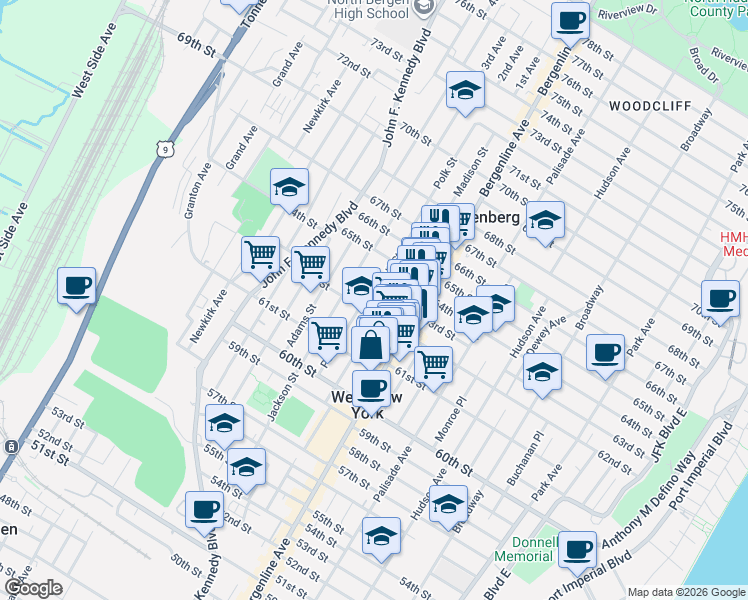 map of restaurants, bars, coffee shops, grocery stores, and more near 6215 Polk Street in West New York
