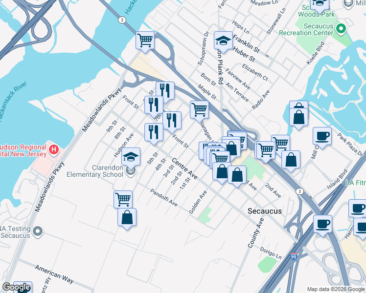 map of restaurants, bars, coffee shops, grocery stores, and more near 811 3rd Street in Secaucus