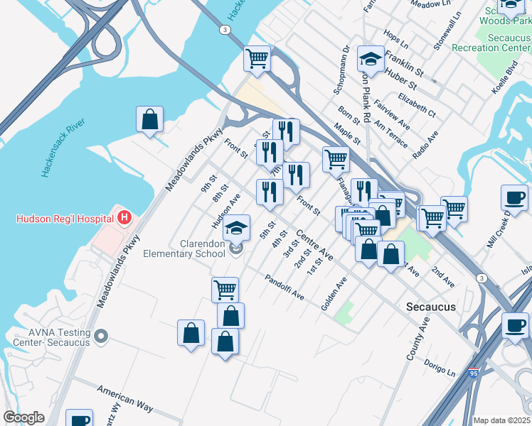 map of restaurants, bars, coffee shops, grocery stores, and more near 268 Centre Avenue in Secaucus