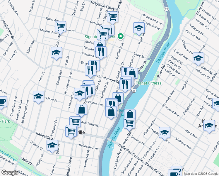 map of restaurants, bars, coffee shops, grocery stores, and more near 342-344 Cortlandt Street in Belleville