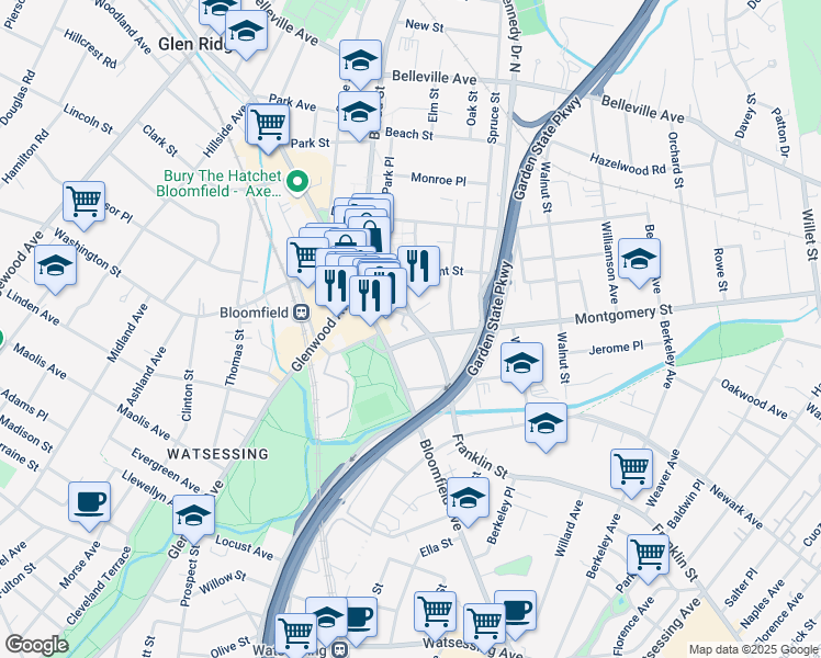 map of restaurants, bars, coffee shops, grocery stores, and more near 10 Washington Street in Bloomfield