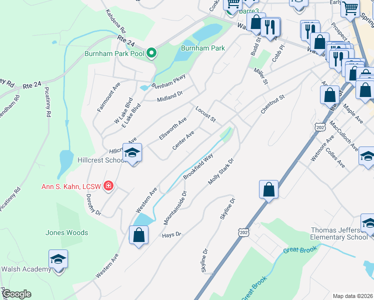 map of restaurants, bars, coffee shops, grocery stores, and more near 159 Western Avenue in Morristown