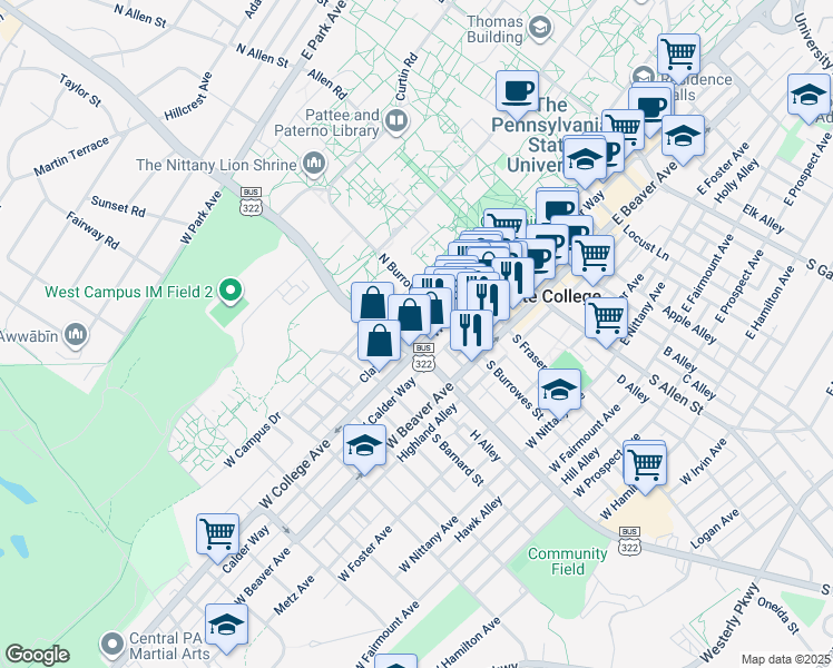 map of restaurants, bars, coffee shops, grocery stores, and more near 331 West College Avenue in State College
