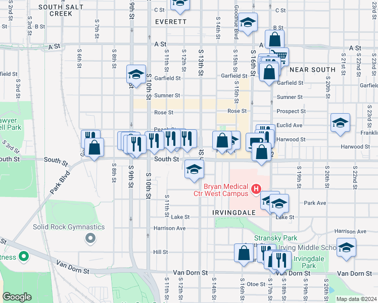 map of restaurants, bars, coffee shops, grocery stores, and more near 1217 Plum Street in Lincoln