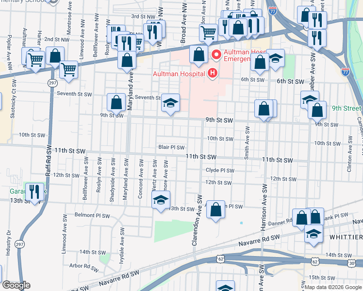 map of restaurants, bars, coffee shops, grocery stores, and more near 1008 Dartmouth Avenue Southwest in Canton