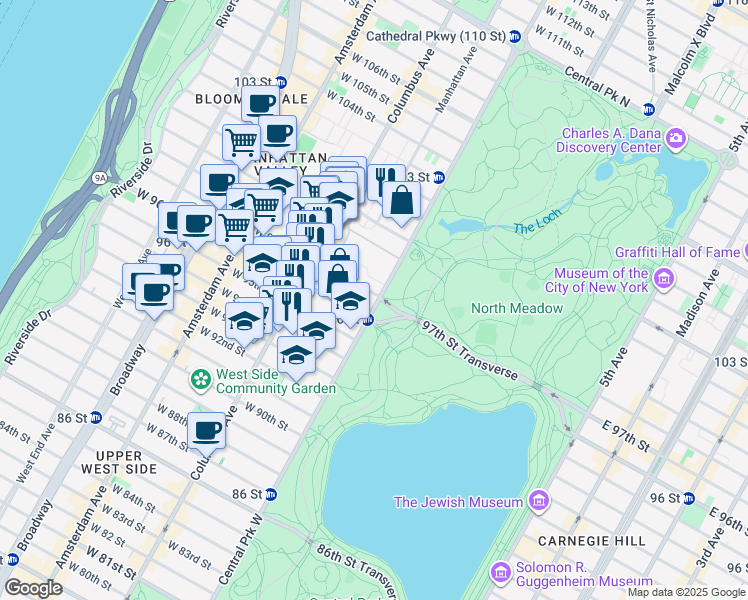 map of restaurants, bars, coffee shops, grocery stores, and more near 370 Central Park West in New York