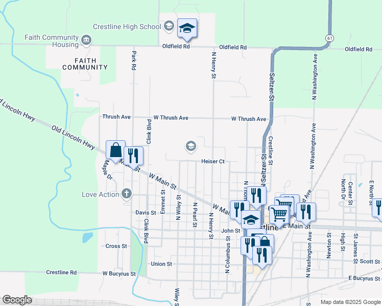 map of restaurants, bars, coffee shops, grocery stores, and more near 401 Heiser Court in Crestline