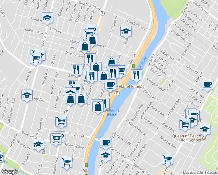 map of restaurants, bars, coffee shops, grocery stores, and more near 353 Main Street in Belleville