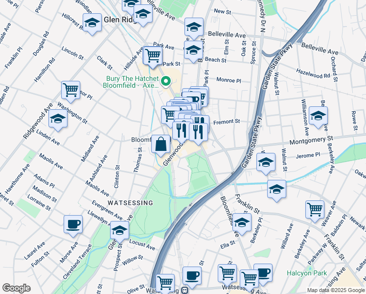 map of restaurants, bars, coffee shops, grocery stores, and more near 288 Glenwood Avenue in Bloomfield