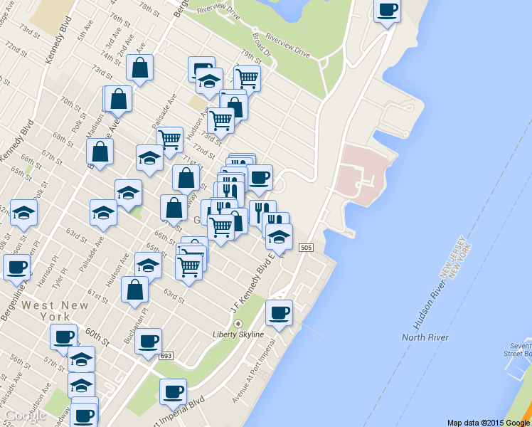 map of restaurants, bars, coffee shops, grocery stores, and more near 59 71st St in West New York