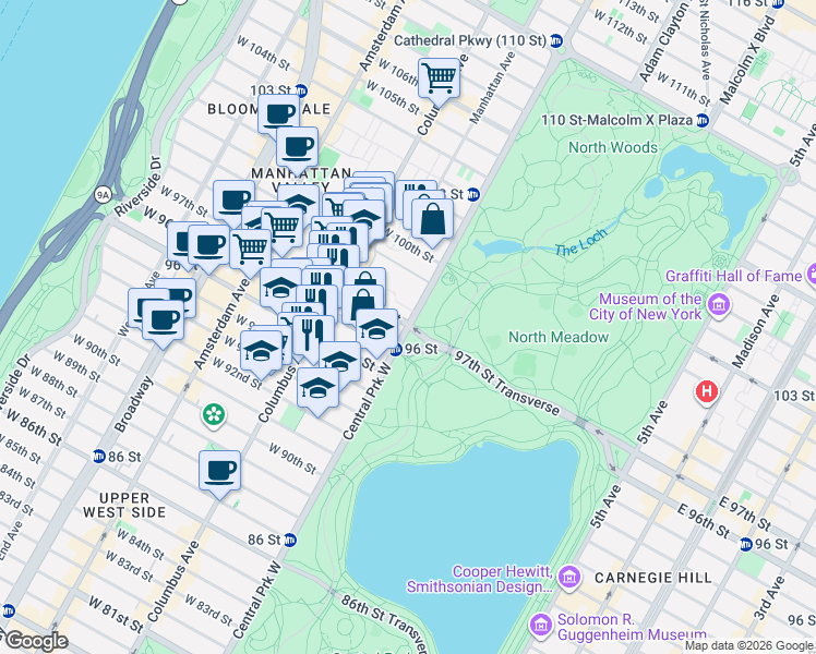 map of restaurants, bars, coffee shops, grocery stores, and more near 555 Central Park West in New York