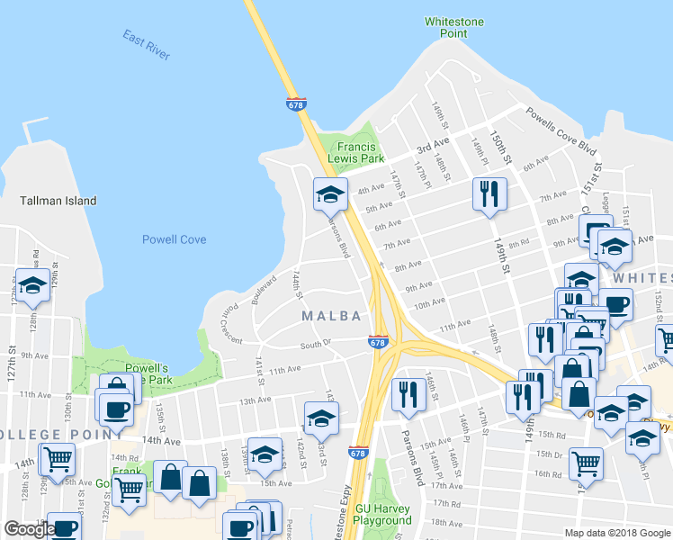 map of restaurants, bars, coffee shops, grocery stores, and more near 6 Boulevard in Queens