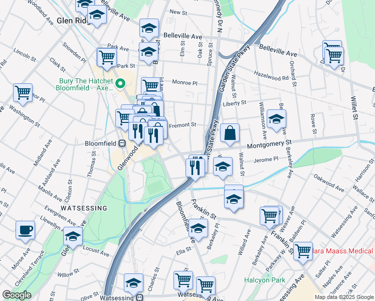 map of restaurants, bars, coffee shops, grocery stores, and more near 307 Montgomery Street in Bloomfield