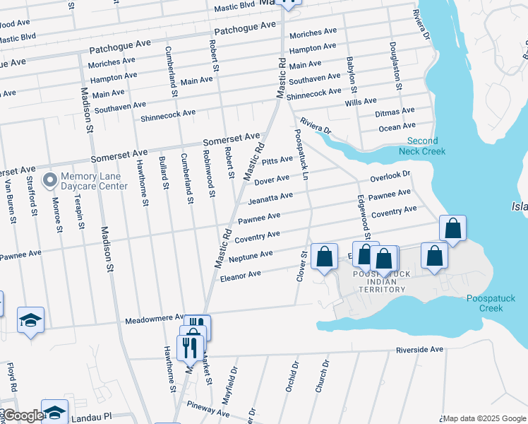 map of restaurants, bars, coffee shops, grocery stores, and more near 169 Pawnee Avenue in Mastic
