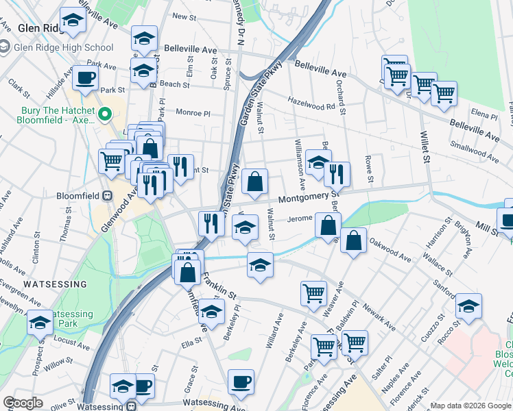 map of restaurants, bars, coffee shops, grocery stores, and more near 214 Montgomery Street in Bloomfield