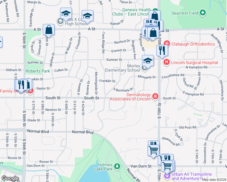 map of restaurants, bars, coffee shops, grocery stores, and more near 6631 South Bermuda Drive in Lincoln