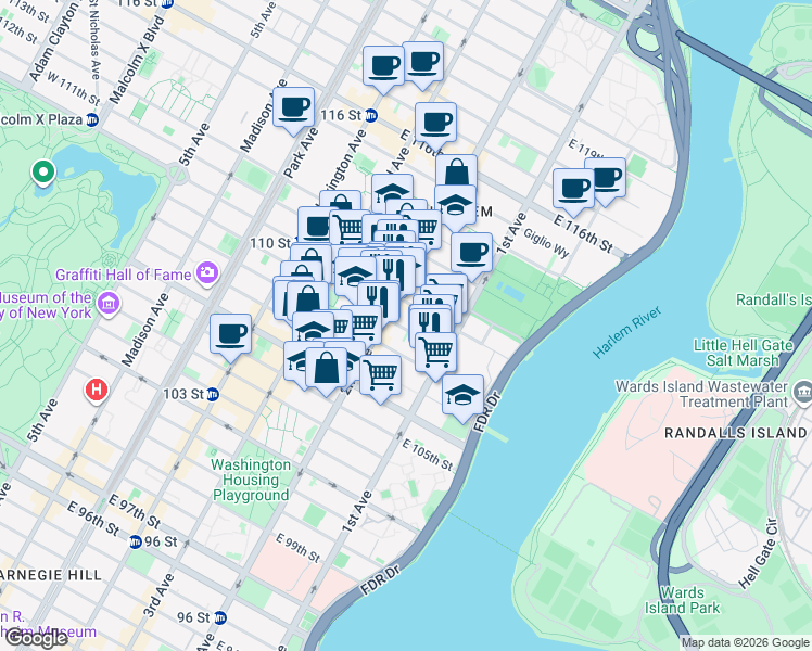 map of restaurants, bars, coffee shops, grocery stores, and more near 326 East 110th Street in New York