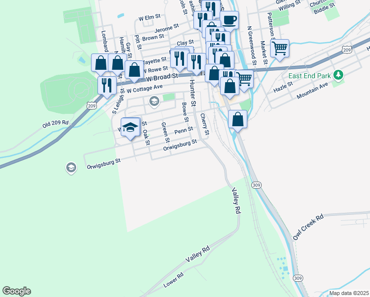 map of restaurants, bars, coffee shops, grocery stores, and more near 140 Orwigsburg Street in Tamaqua