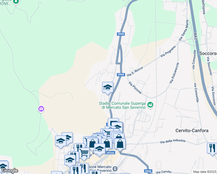 map of restaurants, bars, coffee shops, grocery stores, and more near 1316 Via delle Puglie in Mercato San Severino