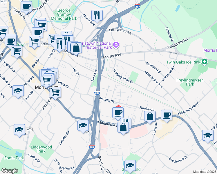 map of restaurants, bars, coffee shops, grocery stores, and more near Todd Place in Morristown