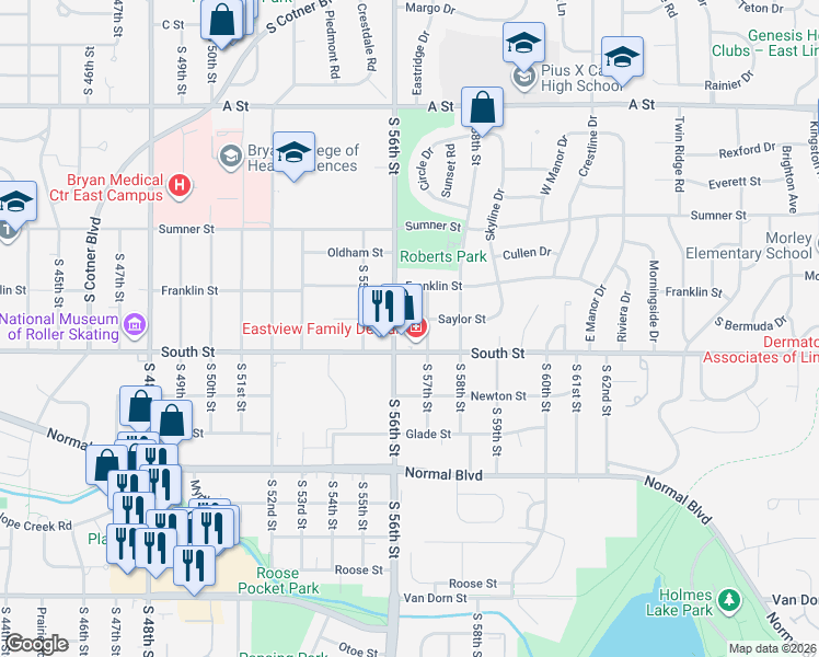 map of restaurants, bars, coffee shops, grocery stores, and more near 5625 Saylor Street in Lincoln