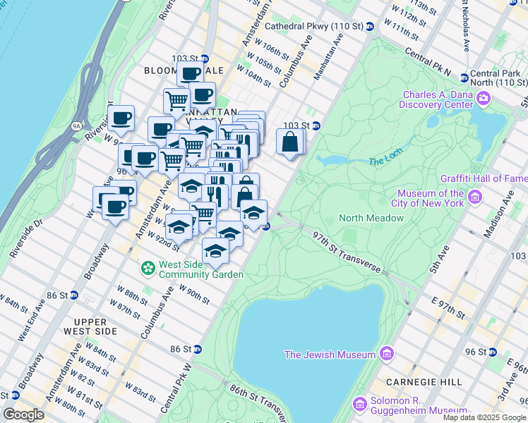 map of restaurants, bars, coffee shops, grocery stores, and more near 10 West 97th Street in New York