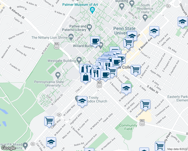 map of restaurants, bars, coffee shops, grocery stores, and more near 331 West College Avenue in State College