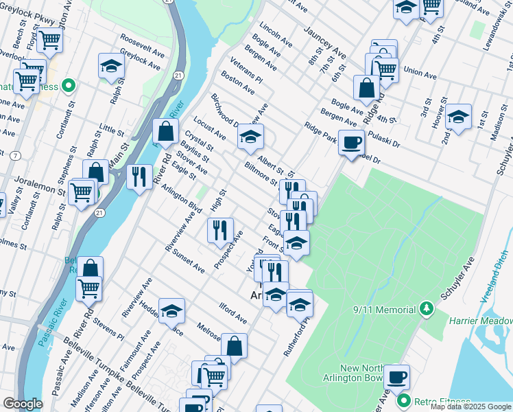 map of restaurants, bars, coffee shops, grocery stores, and more near 117 Stover Avenue in North Arlington