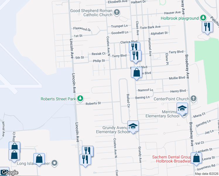 map of restaurants, bars, coffee shops, grocery stores, and more near 58 Celeste Avenue in Holbrook