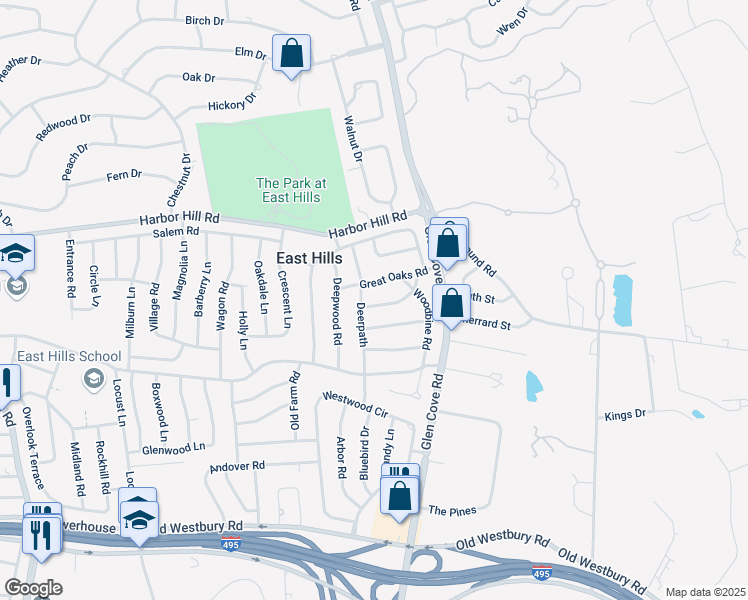 map of restaurants, bars, coffee shops, grocery stores, and more near 47 Laurel Lane in Roslyn Heights