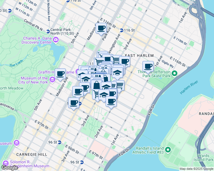map of restaurants, bars, coffee shops, grocery stores, and more near 1945 3rd Avenue in New York