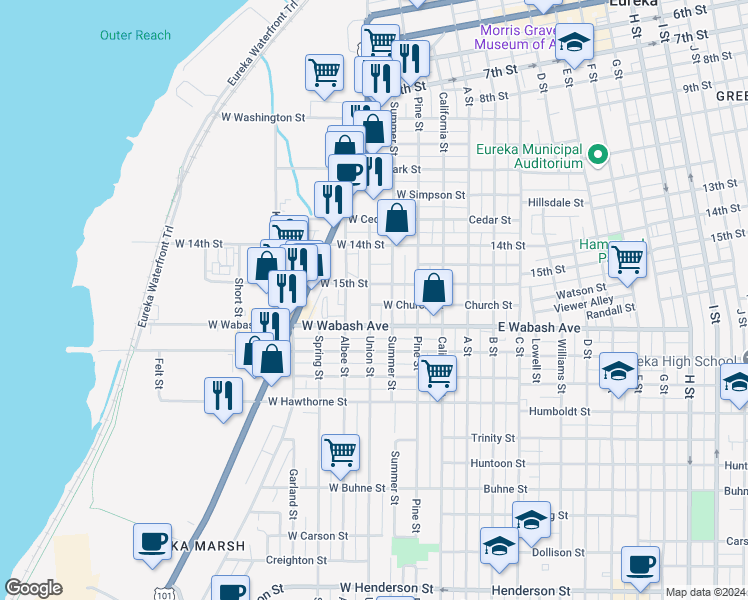 map of restaurants, bars, coffee shops, grocery stores, and more near 1625 Union Street in Eureka