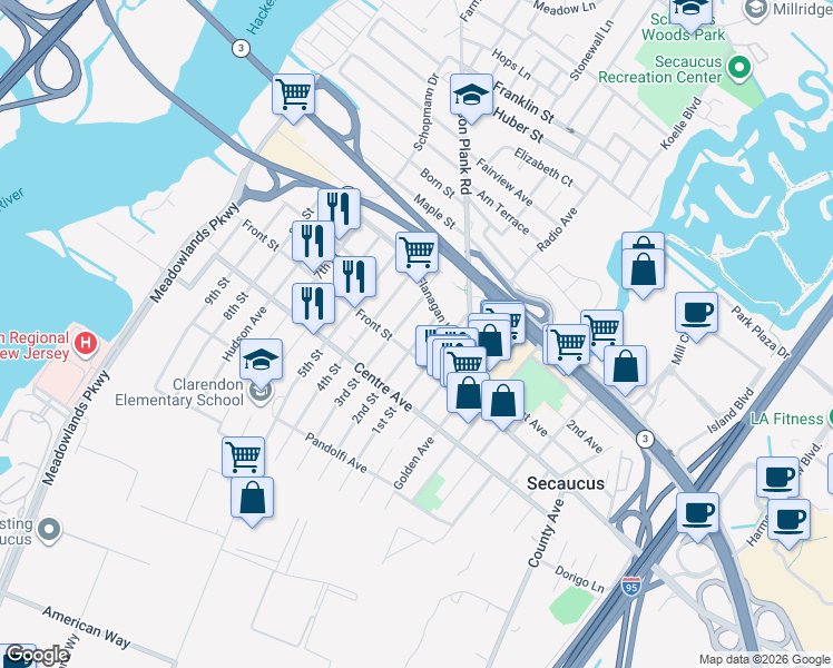 map of restaurants, bars, coffee shops, grocery stores, and more near 811 3rd Street in Secaucus