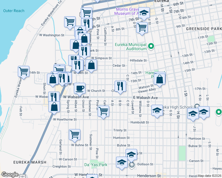 map of restaurants, bars, coffee shops, grocery stores, and more near 1619 California Street in Eureka