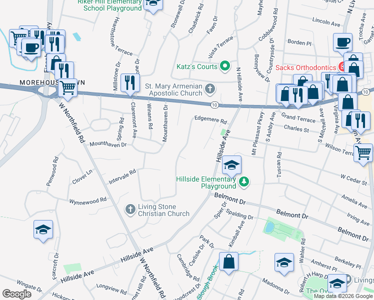 map of restaurants, bars, coffee shops, grocery stores, and more near 49 Edgemere Road in Livingston