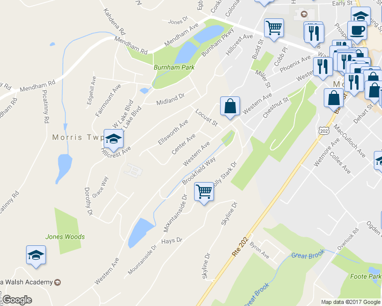 map of restaurants, bars, coffee shops, grocery stores, and more near 159 Western Avenue in Morristown